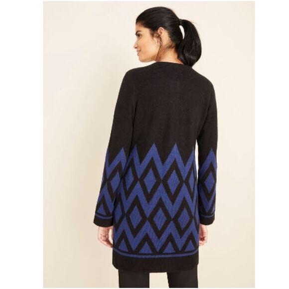 ANN TAYLOR Diamond Jacquard Long Plush Cardigan Coatigan in Navy Black - Picture 2 of 10